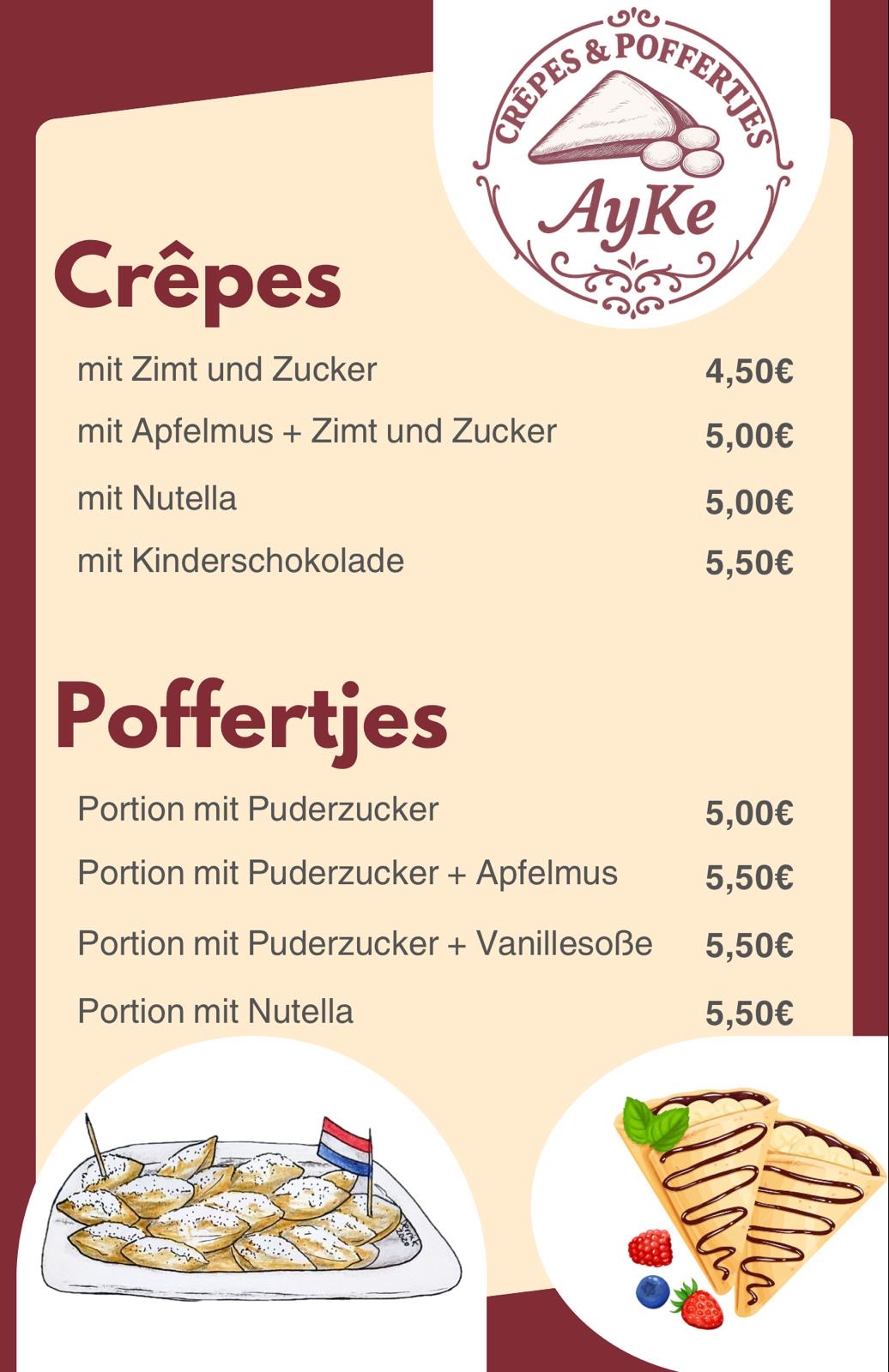 Zu sehen ist die Speisekarte von Ay-Ke Crepes und Pffertjes auf creme Hintergrund mit roter Überschrift und Schwarzen Texten für die angebotenen Speisen
